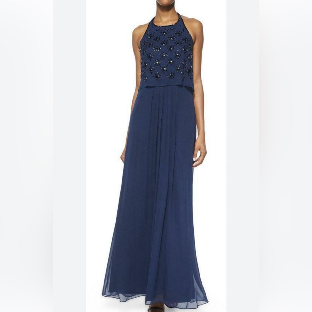 AIDAN MATTOX Navy blue Beaded Bodice Silk Chiffon Halter Gown maxi silk dress